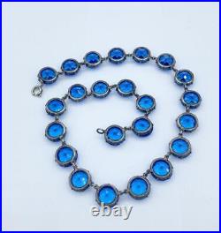 Art Deco Sterling Silver Blue Crystal Open-Back Necklace 15