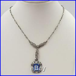 Art Deco Sterling Silver Blue Stone Dangle Lavalier Pendant Necklace 17