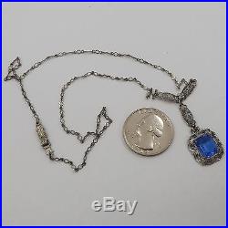 Art Deco Sterling Silver Blue Stone Dangle Lavalier Pendant Necklace 17