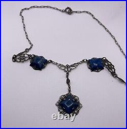 Art Deco Sterling Silver Blue Stone & Marcasite Necklace