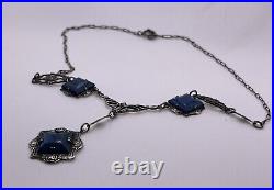 Art Deco Sterling Silver Blue Stone & Marcasite Necklace