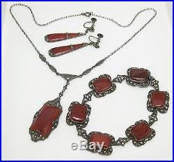 Art Deco Sterling Silver Carnelian Marcasite Necklace, Bracelet & Earring Set