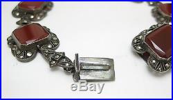 Art Deco Sterling Silver Carnelian Marcasite Necklace, Bracelet & Earring Set