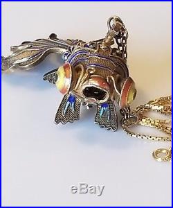 Art Deco Sterling Silver Chinese Huge Fish 14k 585 Chain 6.71 grams necklace