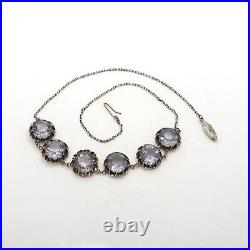 Art Deco Sterling Silver Color Change Alexandrite Glass Flower Necklace 16in