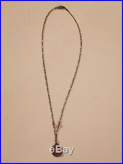Art Deco Sterling Silver Czech Glass Paste Lavaliere Necklace Paperclip Chain