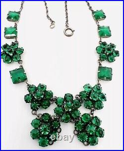 Art Deco Sterling Silver Emerald Green Glass Rhinestone Necklace Vintage Jewelry