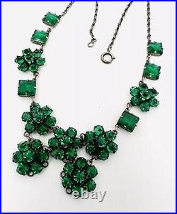 Art Deco Sterling Silver Emerald Green Glass Rhinestone Necklace Vintage Jewelry