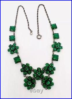 Art Deco Sterling Silver Emerald Green Glass Rhinestone Necklace Vintage Jewelry