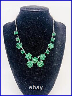 Art Deco Sterling Silver Emerald Green Glass Rhinestone Necklace Vintage Jewelry