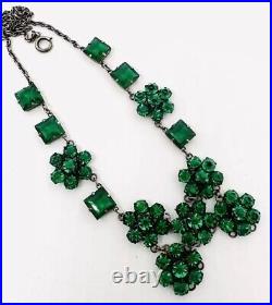 Art Deco Sterling Silver Emerald Green Glass Rhinestone Necklace Vintage Jewelry