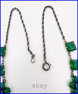 Art Deco Sterling Silver Emerald Green Glass Rhinestone Necklace Vintage Jewelry