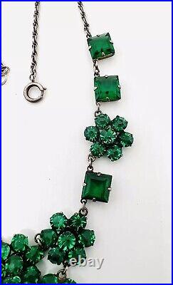 Art Deco Sterling Silver Emerald Green Glass Rhinestone Necklace Vintage Jewelry