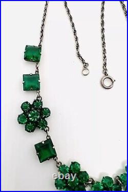 Art Deco Sterling Silver Emerald Green Glass Rhinestone Necklace Vintage Jewelry