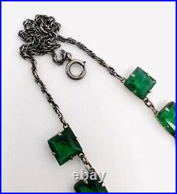 Art Deco Sterling Silver Emerald Green Glass Rhinestone Necklace Vintage Jewelry