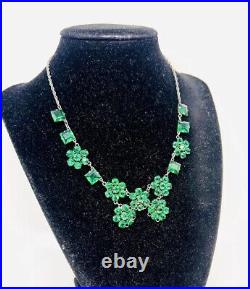 Art Deco Sterling Silver Emerald Green Glass Rhinestone Necklace Vintage Jewelry