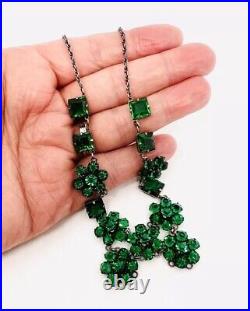 Art Deco Sterling Silver Emerald Green Glass Rhinestone Necklace Vintage Jewelry