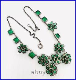 Art Deco Sterling Silver Emerald Green Glass Rhinestone Necklace Vintage Jewelry