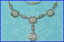 Art Deco Sterling Silver Filigree Camphor Glass Multi Diamond Pendant Necklace