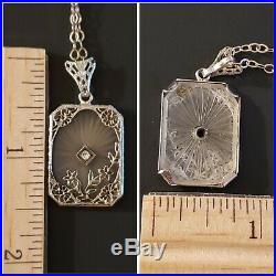 Art Deco Sterling Silver Filigree Carved Camphor Glass Necklace