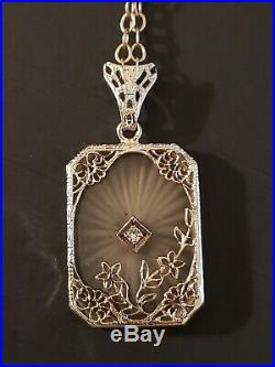 Art Deco Sterling Silver Filigree Carved Camphor Glass Necklace