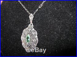 Art Deco Sterling Silver Filigree Green Paste Stone Pendant/Necklace, 18