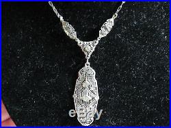 Art Deco Sterling Silver Filigree Lavaliere Pendant/Necklace, 16.5