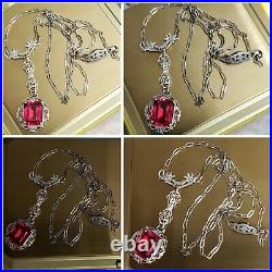 Art Deco Sterling Silver Filigree Ruby Spinel Lavaliere Necklace