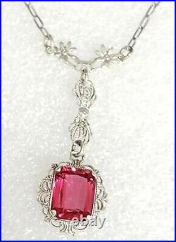 Art Deco Sterling Silver Filigree Ruby Spinel Lavaliere Necklace