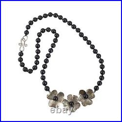 Art Deco Sterling Silver Flower And Onyx Beaded Necklace