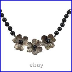 Art Deco Sterling Silver Flower And Onyx Beaded Necklace