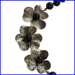 Art Deco Sterling Silver Flower And Onyx Beaded Necklace