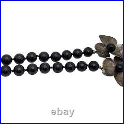 Art Deco Sterling Silver Flower And Onyx Beaded Necklace