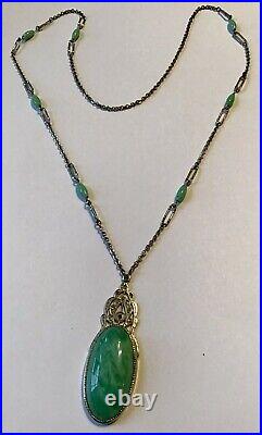 Art Deco Sterling Silver Green Pendant Necklace