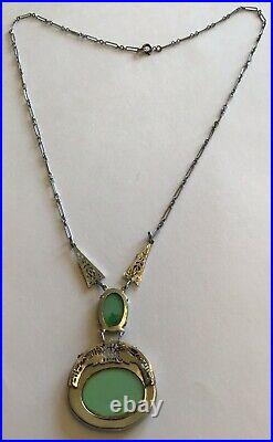 Art Deco Sterling Silver Green Rhinestone & Enameled Filigree Pendant Necklace