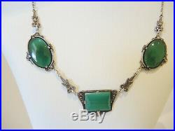 Art Deco Sterling Silver Marcasite and Chrysoprase Necklace