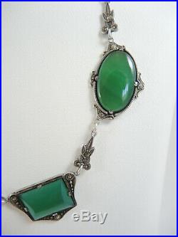 Art Deco Sterling Silver Marcasite and Chrysoprase Necklace