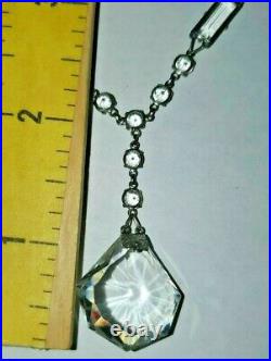 Art Deco Sterling Silver Open Backed Set Faceted Rock Crystal Necklace 16
