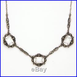 Art Deco Sterling Silver Rock Crystal Quartz and Marcasites Necklace