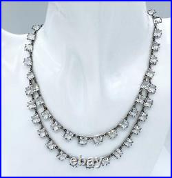 Art Deco Sterling Silver Swag & Square-Cut Open-Back Crystal Choker Necklace 14