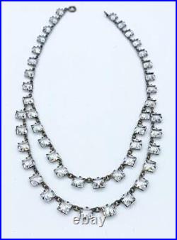 Art Deco Sterling Silver Swag & Square-Cut Open-Back Crystal Choker Necklace 14