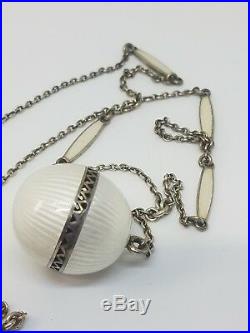 Art Deco Sterling White Guilloche Enamel Vinaigrette Ball Charm Necklace