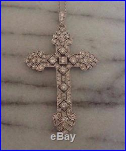 Art Deco Style 1.25 Carats Diamond Platinum Cross Pendant 18 Chain Necklace