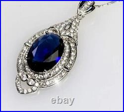 Art Deco Style 6.47 Ct Oval Blue Sapphire & Lab-Created Diamond Pendant Silver