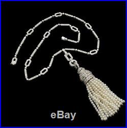 Art Deco Style 900 Platinum 5.5 Ctw Diamond & Pearl 19 Tassel Necklace #e-214