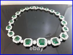 Art Deco Style Graduating Necklace 925 Sterling Silver CZ & Square-cut Emerald