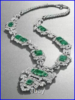 Art Deco Style Necklace Lab Created Green Emerald 925 Sterling Silver Fine Jewel