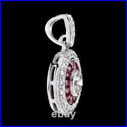 Art Deco Style Round Brilliant Lab-Created Diamond with Ruby Pendant 925 Silver