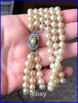 Art Deco Triple Strand Majorica Glass Pearl Necklace- Sterling Bejeweled Clasp