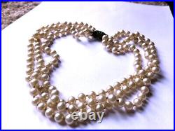 Art Deco Triple Strand Majorica Glass Pearl Necklace- Sterling Bejeweled Clasp